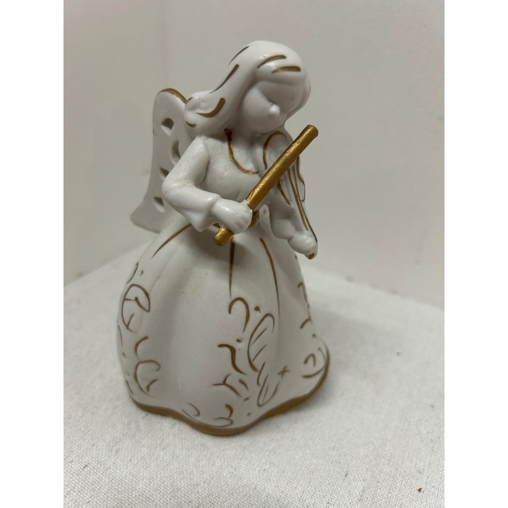 White Bisque Angel Figurine Playing Violin Gold Trim Angel Christmas‎ Decor